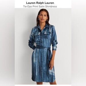 Lauren Ralph Lauren Blue Tie-Dye Print Satin BeltedButton down Shirtdress size 8